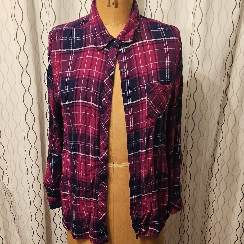 Beachlunchlounge Navy and Dark Fuschia Plaid Shirt